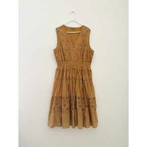 J. Glee Camel Eyelet Dress Womens 2X Plus 100% Cotton Smocked Tiered Boho Lined
